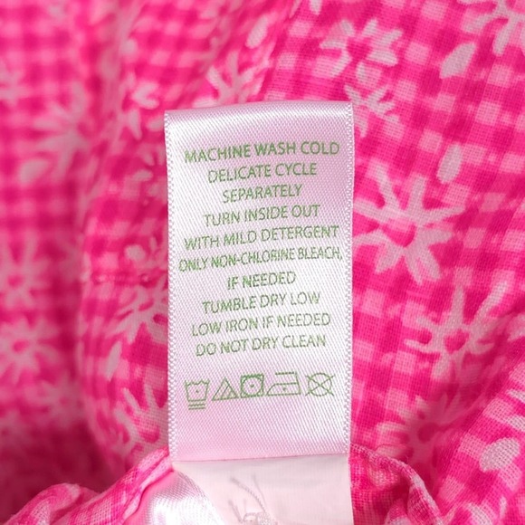 Lilly Pulitzer Sea View 100%‎ LINEN Button Down Top Size XS Pink Gingham Floral - Picture 12 of 13